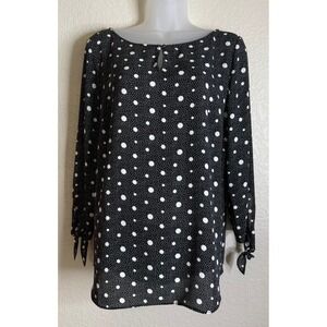 Talbots Womens Medium Blouse Black White Polka Dot Tie Sleeve Keyhole Top